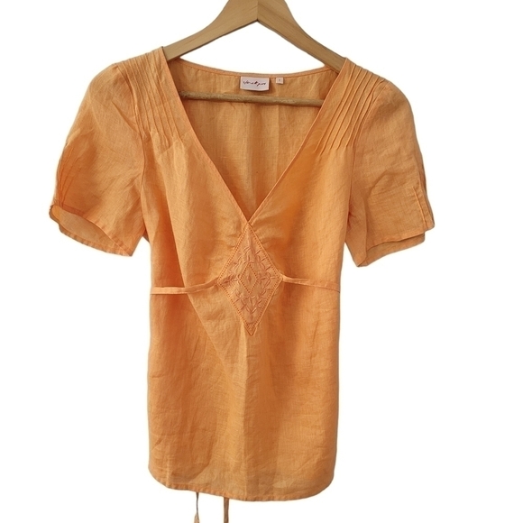 Linen SS Tie Waist Blouse Orange Light Pleated V-Neck Tunic SZ 2 - Picture 1 of 9
